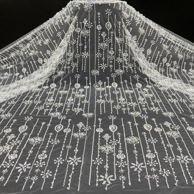 91x125cm White French Tulle Lace Fabric Stripe Floral Design Quality Nigerian Beaded Embroidered Lace Sequin for Party Dress