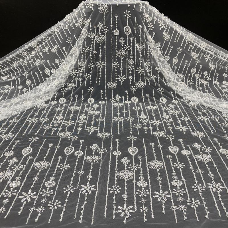 1 Yards White French Tulle Lace Fabric Stripe Floral design High Quality Nigerian Beaded Embroidered Lace Sequin For Party Dress