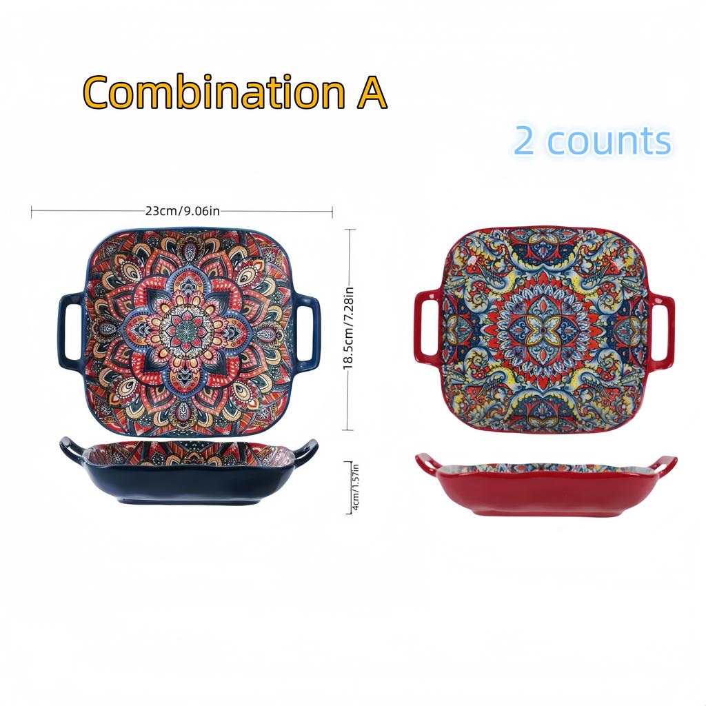 Bohemian Double Ear Square Ceramic Plate Creative Household Dish Plate Net Red Fruit Spaghetti Plate Oven Microwave Oven-9inch