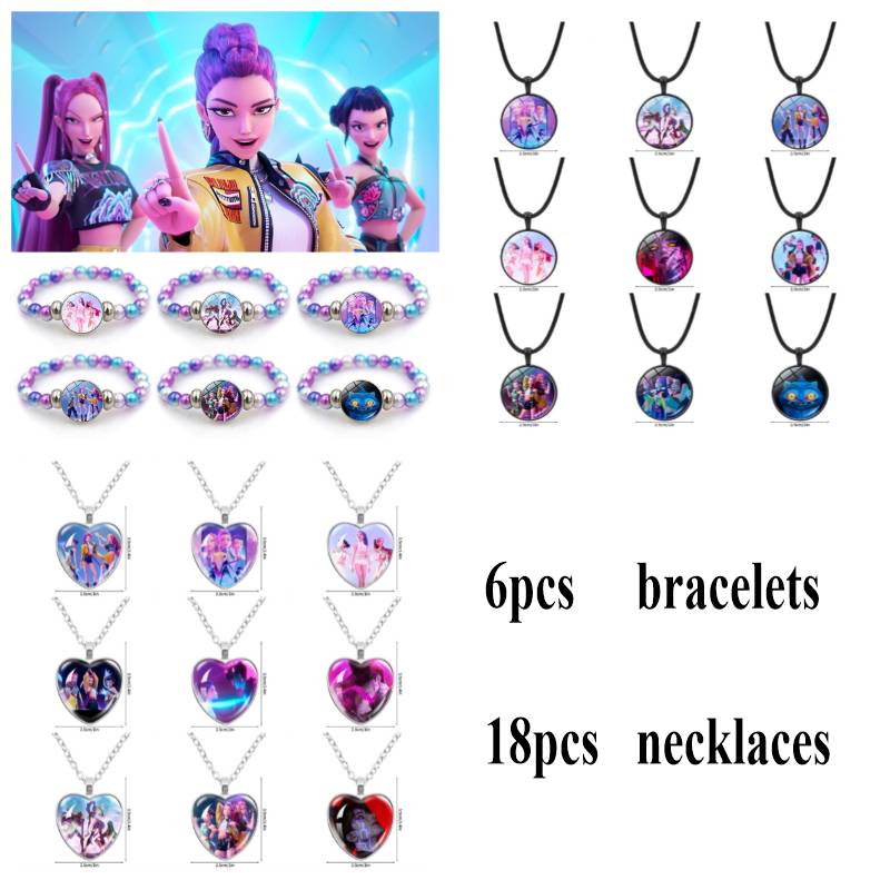 Kpop Demon Hunter Hanging Keychains Heart Necklace Bracelet Set Kpop Huntrix Character Pendant Accessories Fans Party Favor Gift