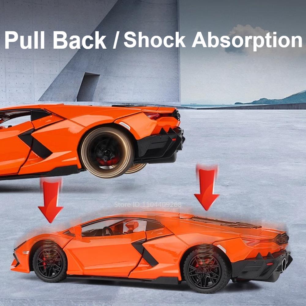 1:24 Scale Lambor Revuelto Car Model Toy Alloy Diecast Sound Light Pull Back Steering Shock Absorber Models Ornaments Gifts