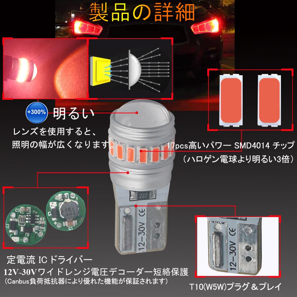 Eseastar T10 LED Bulb Red Explosive Light W5W 12V-24V 175