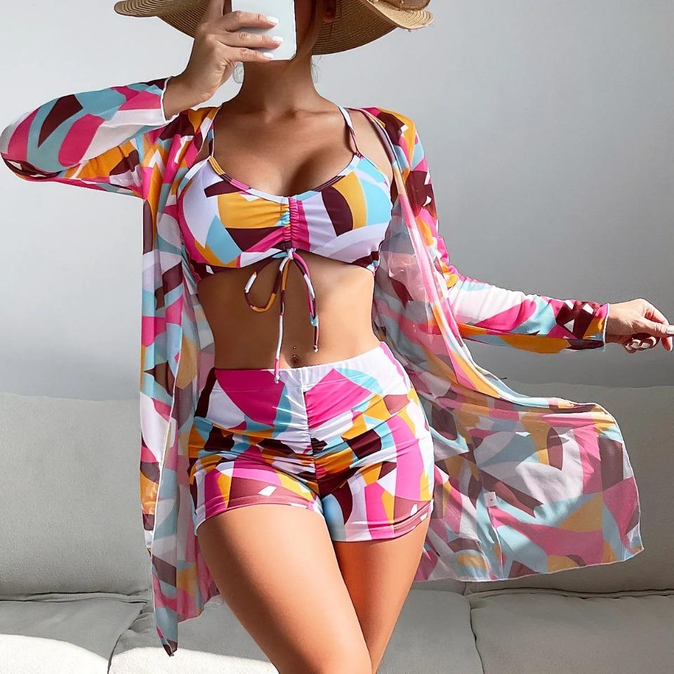 Msfilia Women's Swimsuit Split Three Piece Set High Waist Long Sleeve Ins Overshirt Drawstring Printed Bikini Suits
