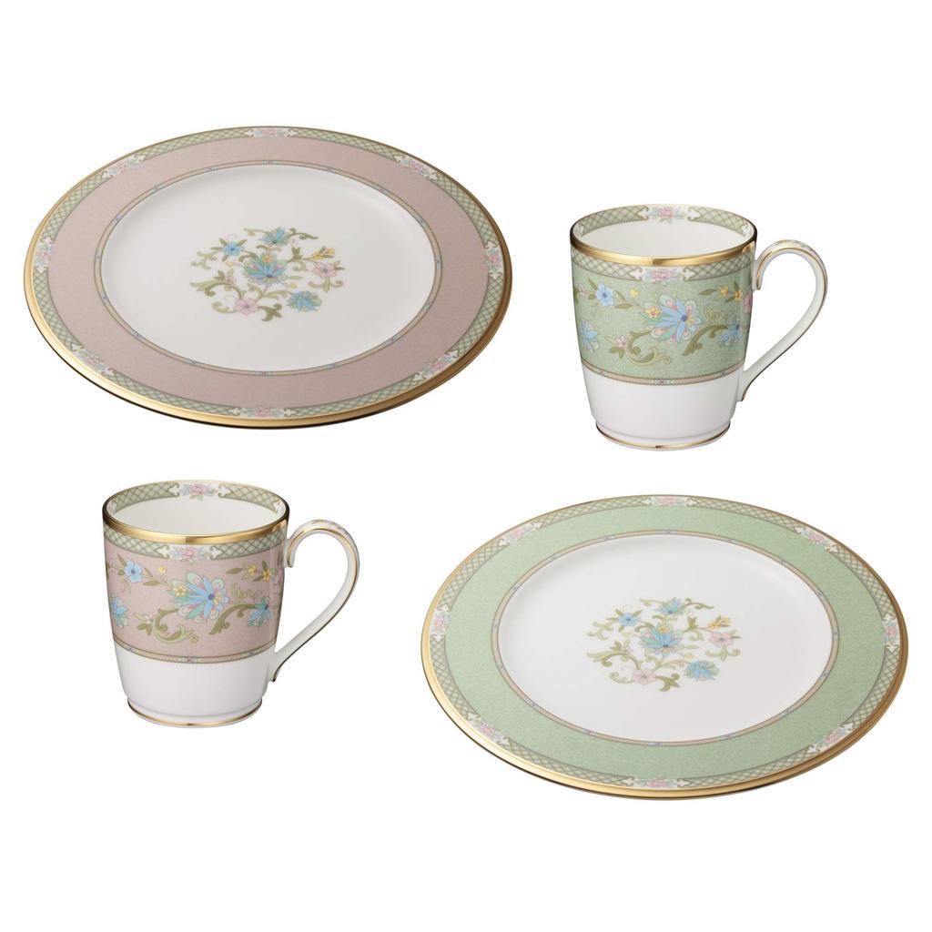 Noritake Mug & Plate (Color-Changing Pair Set) Mug: 285cc, Plate: 22cm, Yoshino: 2 Mugs, 2 Plates, Green and Pink Bone China, M1009/9983-57