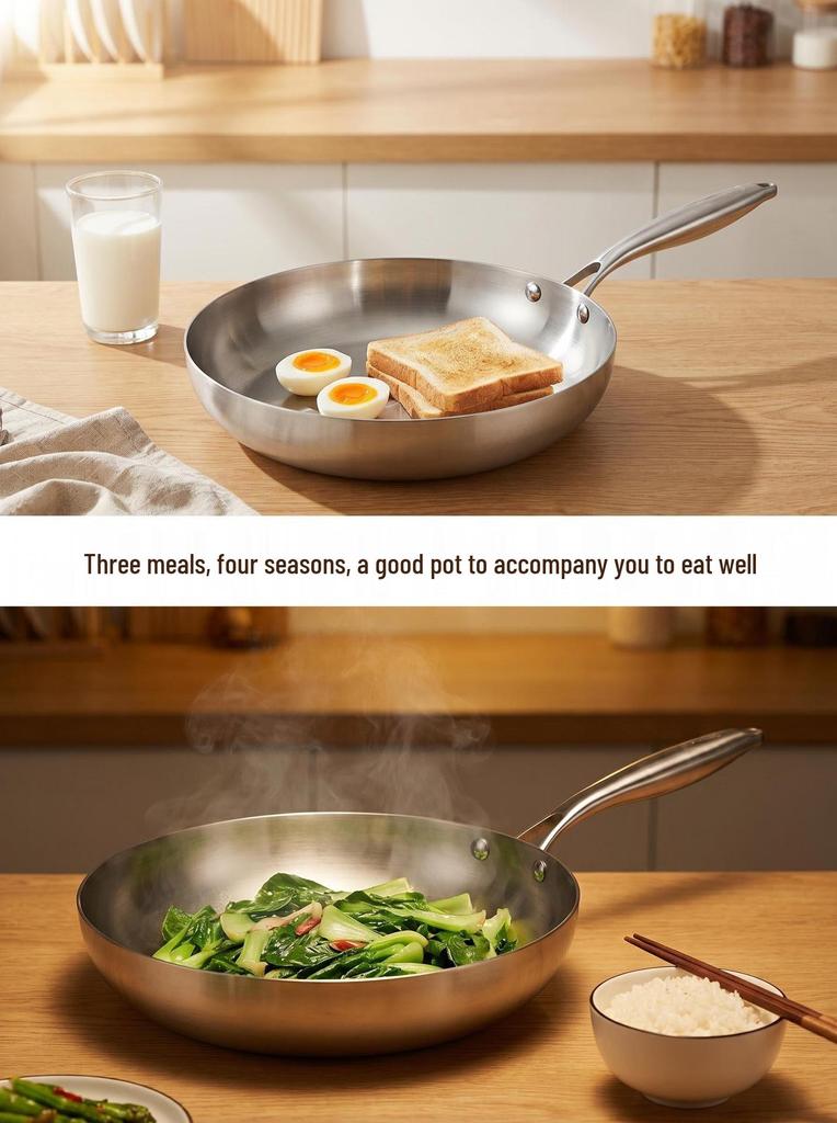 Stainless Steel Non-Stick Frying Pan, 304 Grade, Thickened Flat Bottom, Triple-Layer, Ideal for Home and Steak Cooking.