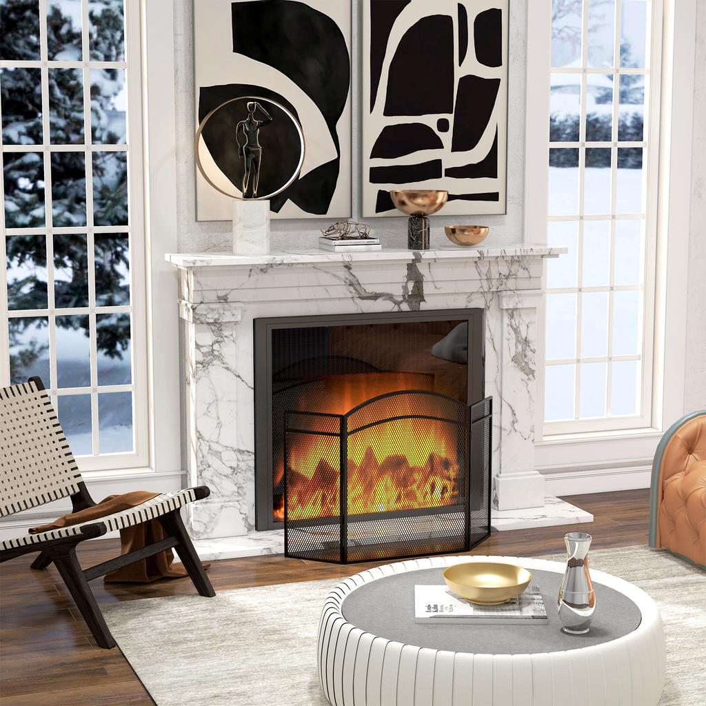 Fireplace Screen, 3-Panel, Folding, Metal Frame, 96 X 60 Cm, Black