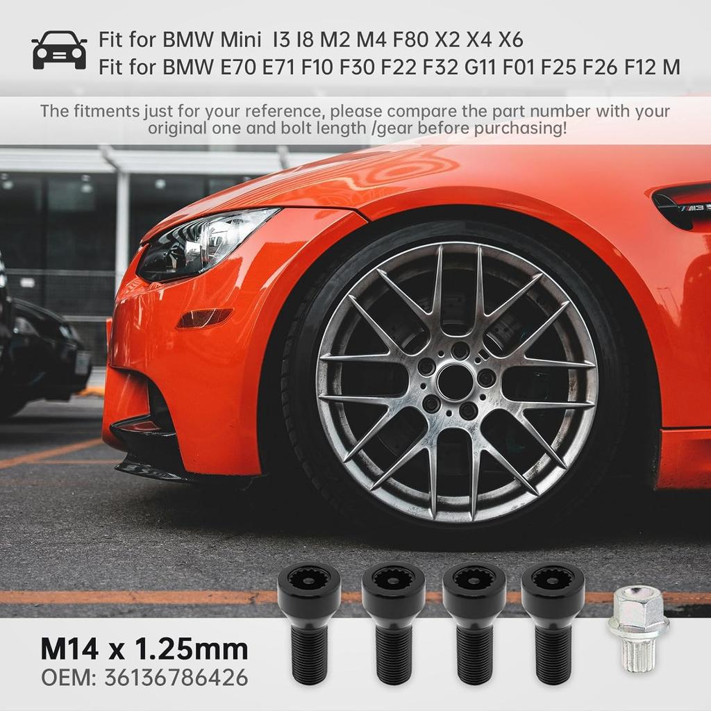 5pcs 36136786191 M14x1.25mm Wheel Lock Set Lug Nuts Bolt Fit for BMW Mini, I3 I8 M2 M4 F80 X2 X4 X6 with Master Key, Black Anti-Theft Wheel Stud Bolt