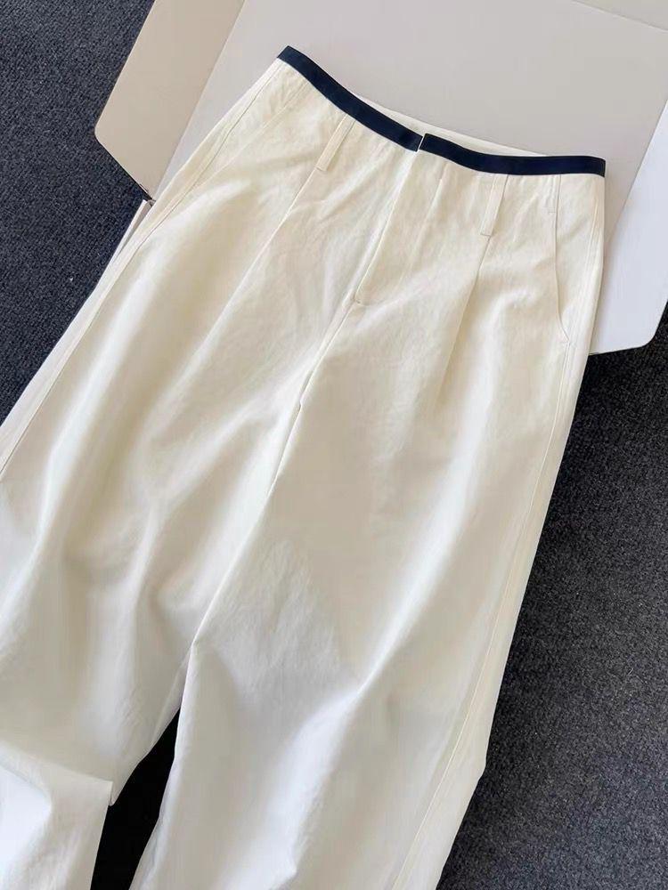 

CHAO-Level Wide-Leg White Cotton Pants: Minimalist Summer Style with Contrast Waistband and Curved Leg Design for Women M белый