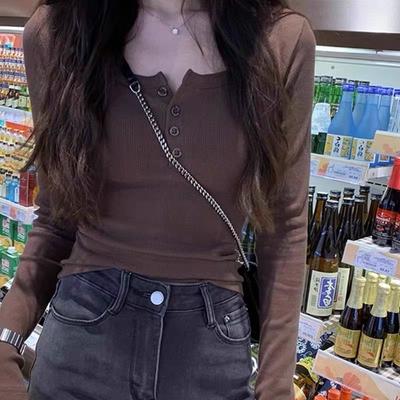 T-shirt da Donna Monocolore Manica Lunga Colletti con Bottoni Grigio Marrone Magliette Per Ragazze Top Casual