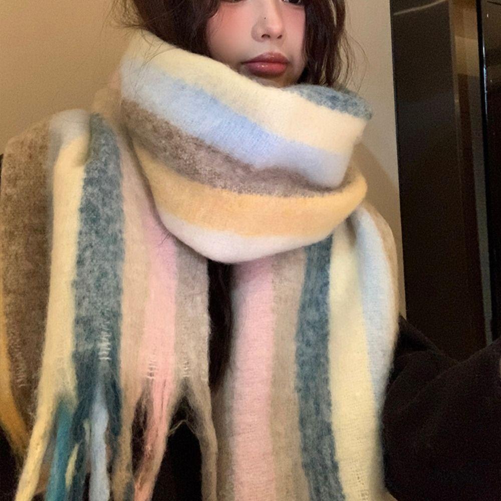 Rainbow Color Striped Wool Shawl Tassel Cape Wraps Simple Winter Mohair Scarves  Women/Men