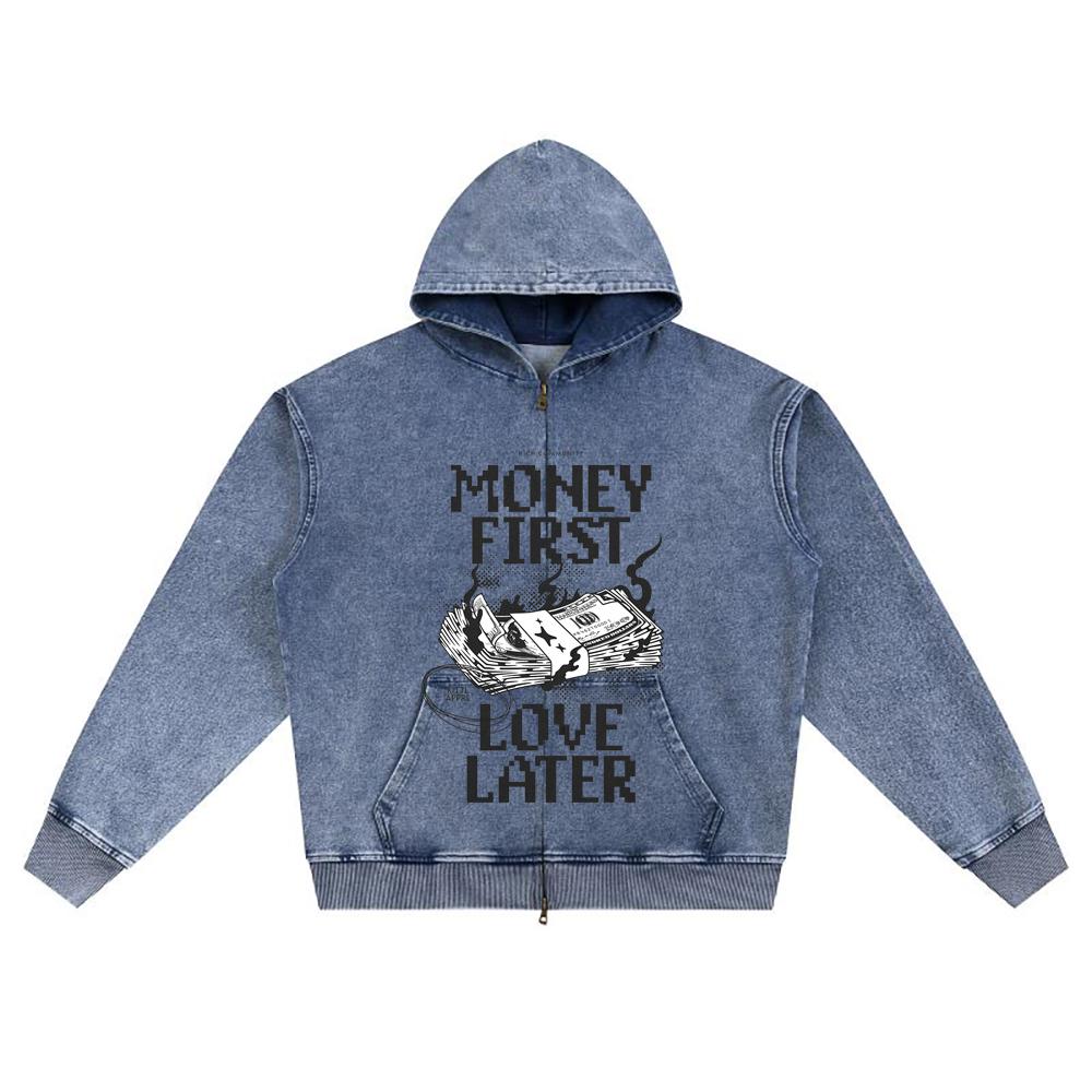 DTG Print Knitted Denim Zip-Up Hoodie Money First Brother Print Zipper Hoodies  