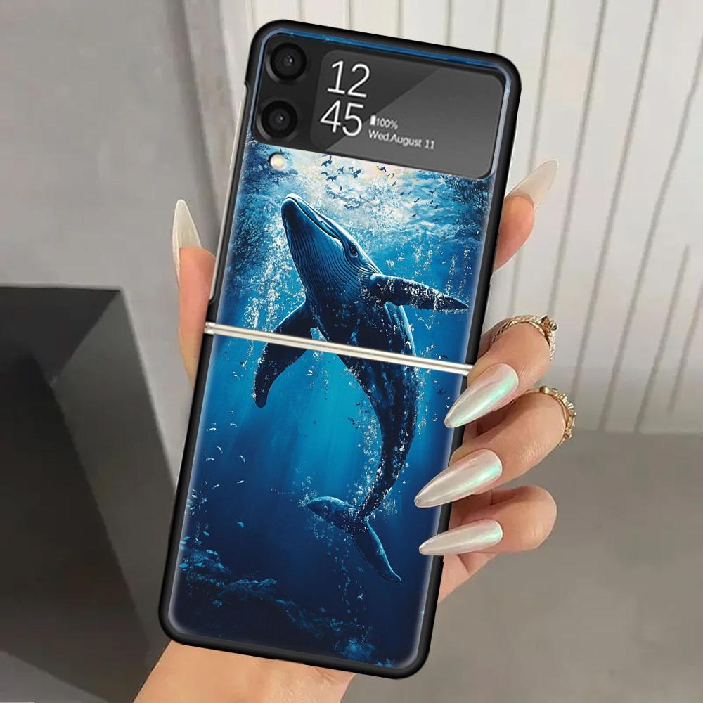 Humpback Whale Sea Giant Hard PC Phone Case For Samsung Galaxy Z Flip 7 6 5 4 3 Black ZFlip7 ZFlip6 Flip5 Flip4 Flip3 5G Print C