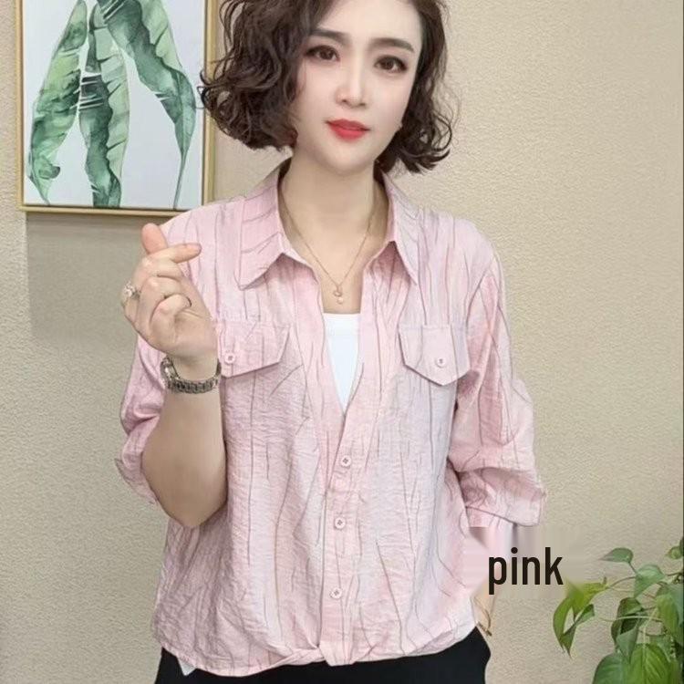 Mom s 2026 Autumn Stylish Lapel Striped Short-Sleeve Shirt for Middle-Aged & Elderly Women 2XL (105-120 jin) розовый
