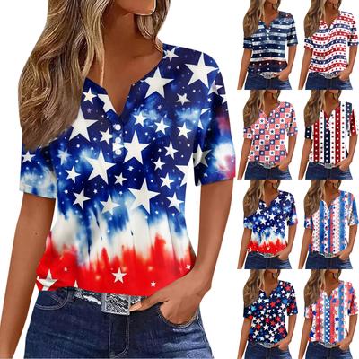 Women's Casual Independence Day Printed V-Neck Short Sleeve Embellished Button T-Shirt Top