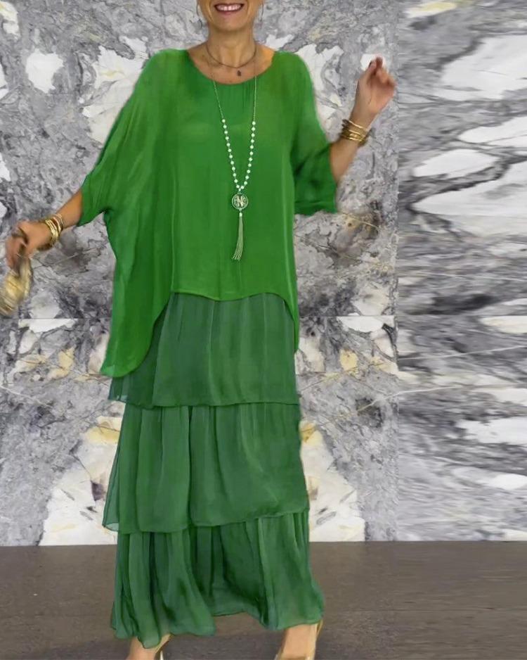 Elegant Chiffon Fashion Trendy Mesh Bat Sleeve Maxi Long Dress