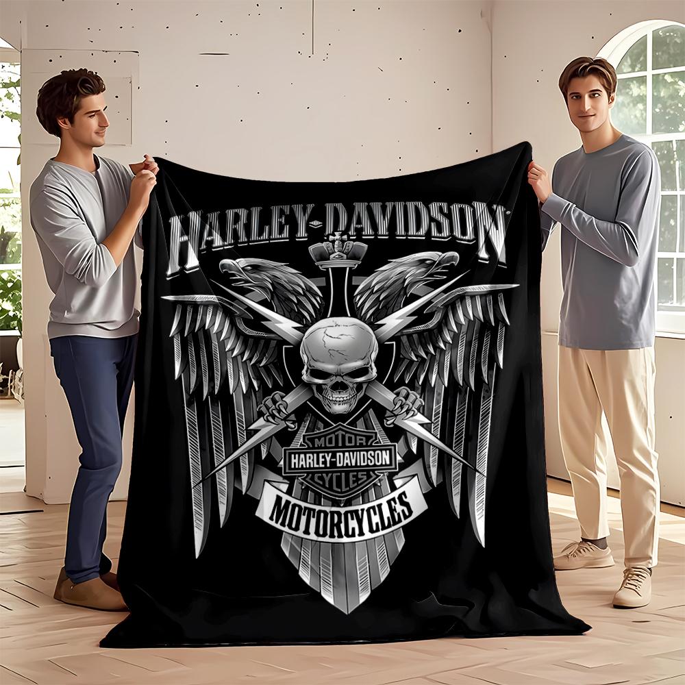 Harley-Davidson Skull & Eagle Emblem Design. Flannel Blanket for Bedroom, Living Room, Sofa, and Nap Sofas.