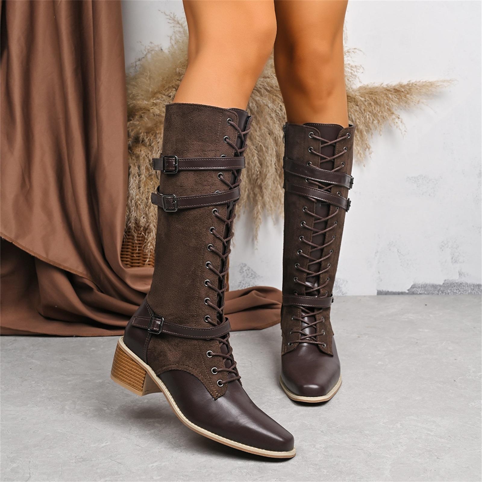 

Women s Fashion Pointed Toe Thick Heel Large Size Belt Buckle Boots 42 кавовий