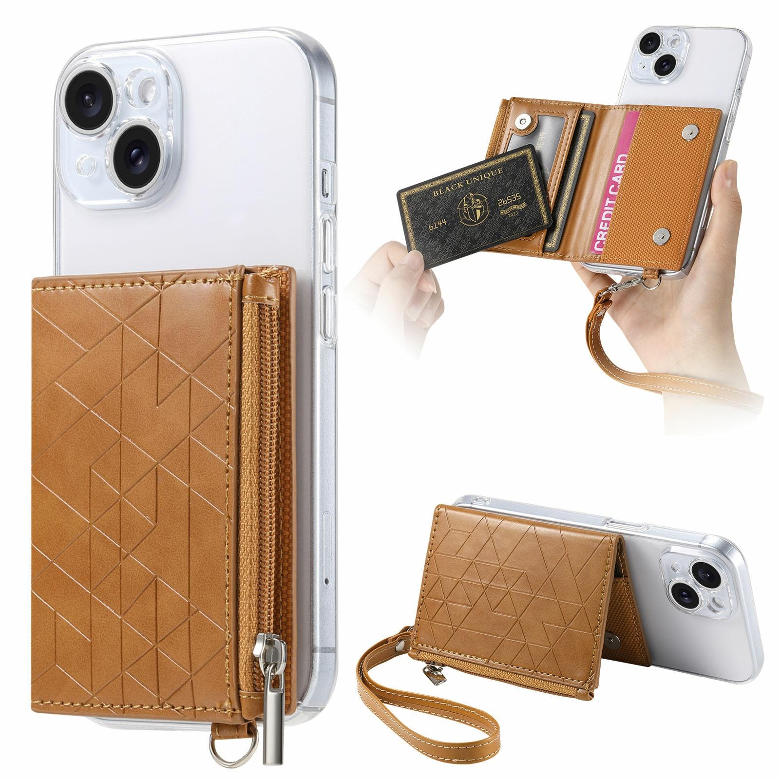 

KB-66 Adhesive Leather Phone Card Bag Zipper Wallet Card Holder Kickstand with Strap Brown
