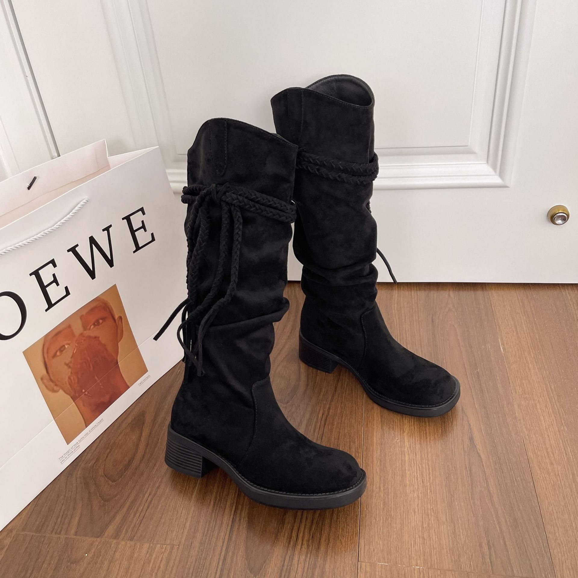 

New Spot Tassel Coarse Heel Egyptian Knight Boots~ Tassel Coarse Heel Medium and High Boots British Western Cowboy Boots 40 чёрный