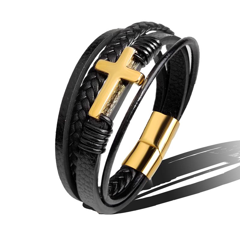 Charm Stainless Steel Leather Cross  Brown/black Bracelet Men Hiphop Jewelry Magnetic Clasp Mutilayer Male Cuff Wrap Bangle Gift