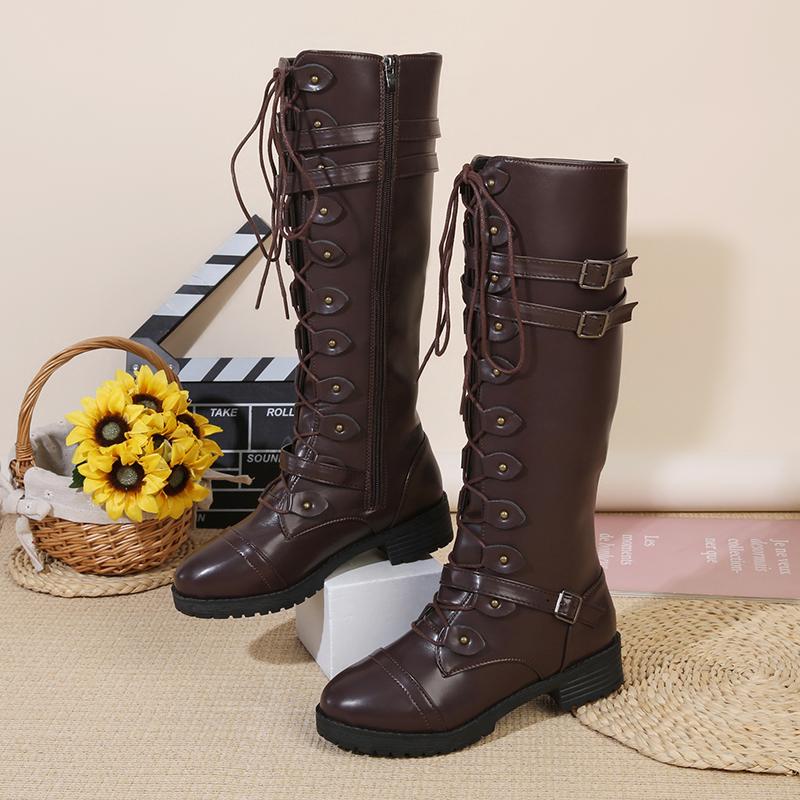 Fashion Women Knee High Boots Brand Lace Up Platform Shoes Women Sexy Buckle Retro Buckle Luxury Shoes Designer Snow Boots Women