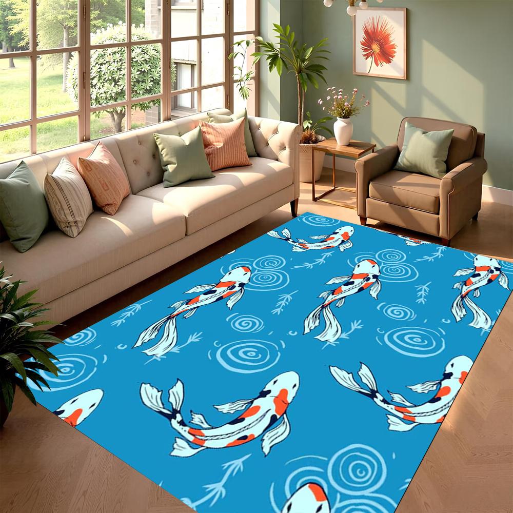 Illustrations Style Area Rug Koi Fish Lotus Pond Design Home Decor Carpet Soft Non-Slip Floor Mat for Living Room Bedroom