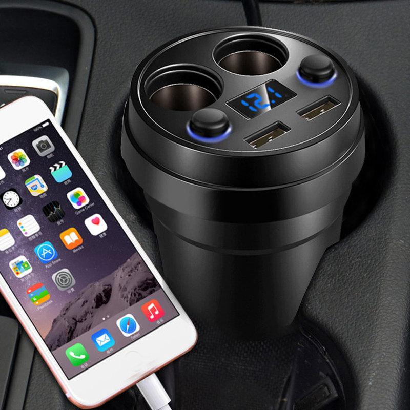 Car Charger Cup Holder Dual Cigarette Lighter Sockets Power Adapter with Dual USB Ports LED Black for IPhone 4/5/6/6S Plus