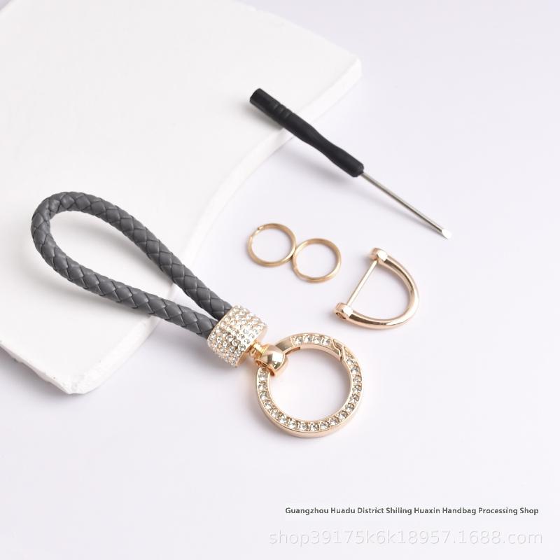 Handcrafted Braided Rope Keychain Sparkling Rhinestones - Stylish Monochrome Car Key Ring Fashion-Forward Accessory