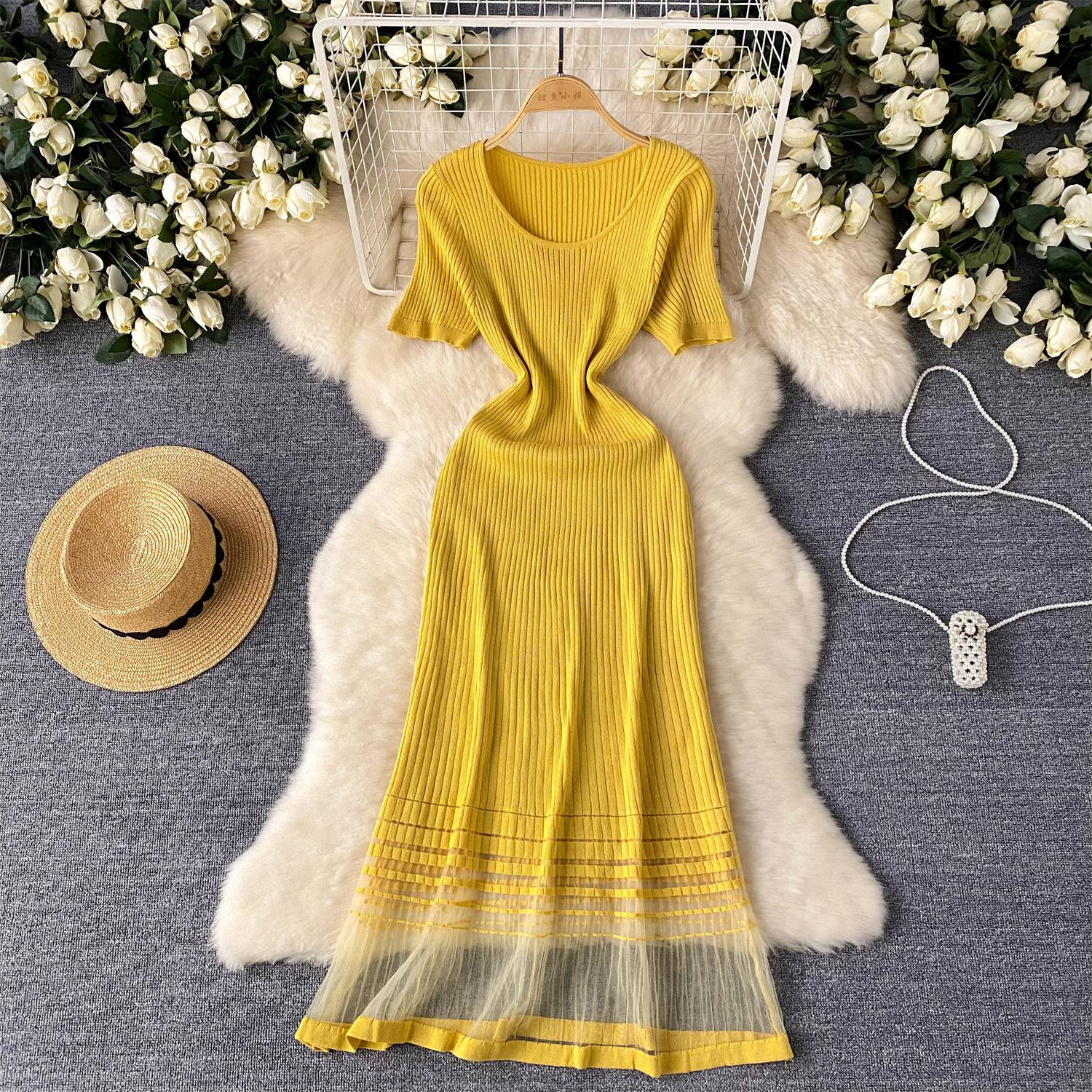 

Sexy Elegant Mesh PATCHWORK Short Sleeve Dress Vestidos Slim Women Summer Party French Vintage Sweet Beach Dresses One Size жовтий