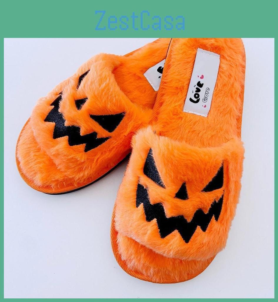 Slippers Womens Lantern Halloween Pumpkin Plush Open Toe Slippers Plush Slippers For Women