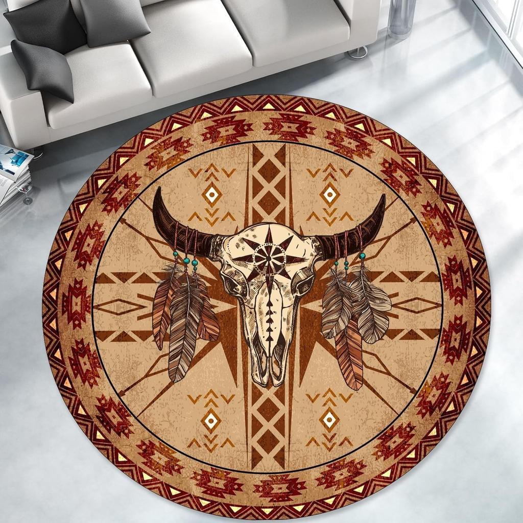 Texas Star Area Rug Round Brown Western Country Rugs Retro Pentagonal Star Cowhide Carpet Non-Slip Western Rugs for Living Room