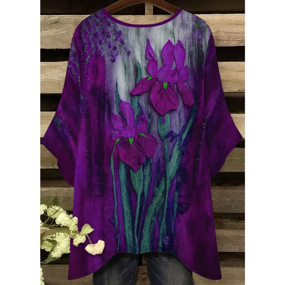 Blue iris women's large-size short-sleeved T-shirt, irregular hem design, casual and comfortable