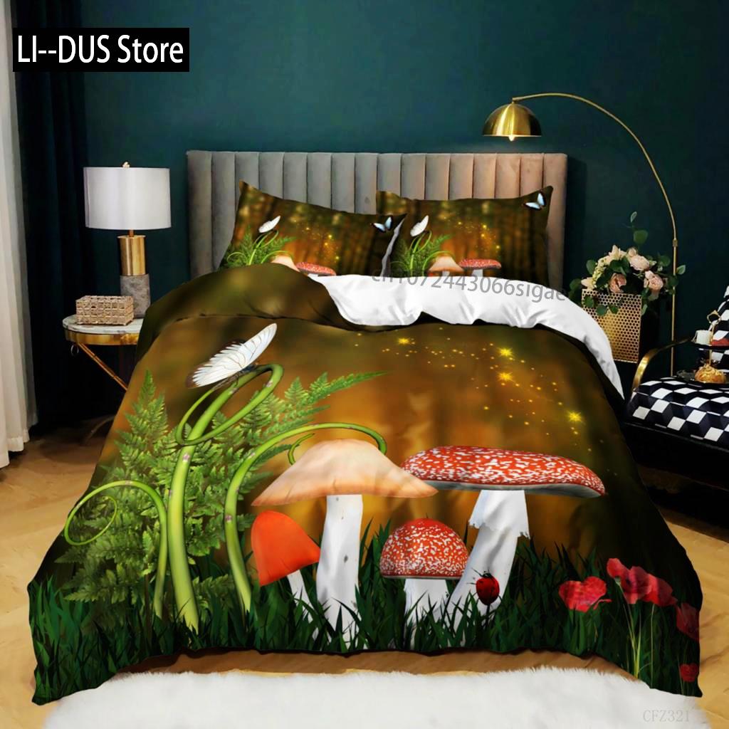 Mushroom Duvet Cover Set Queen Size Microfiber Mushrooms Ornate Doodles With Swirls Eyes Psychedelic Botany Bdding Set For Teens