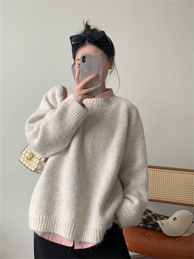 Lazy wind crew neck pullover sweater women's loose large size autumn and winter new thickened high-end knitted bottoming shirt top