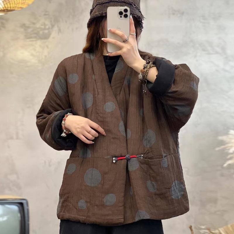 

Retro Cotton Linen Polka Dot Jacket - Ethnic V-Neck, Padded, Short Style for Autumn/Winter XXL кавовий