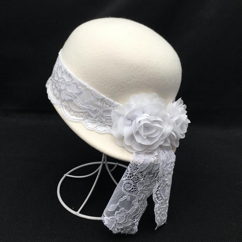 French Retro White 100% Wool Hat Ladies Elegance Black Floral Lace Beret French Wedding Wool Top Hat Ladies Felt Hat