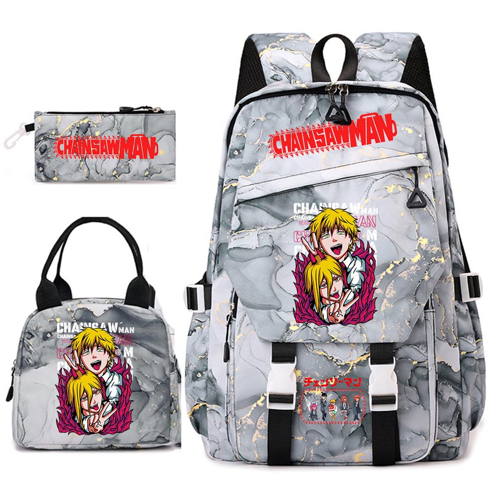 Chainsaw Man Anime Print Student Backpack Set for Girls with Lunch Bag Pencil Case School Daily Use