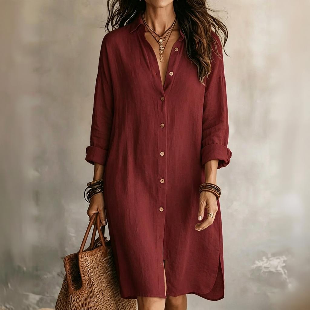 Women's Casual Long Sleeve Button Down Shirt Dress with Lapel Collar Color Loose Fit
