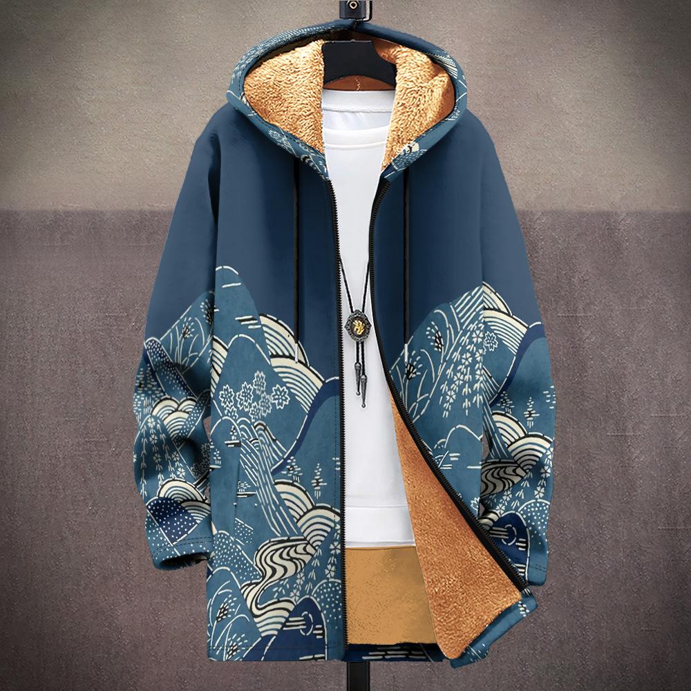 New jacket: multi-colored pattern elements, zipper hooded cardigan, thickened winter fleece padded clothes, yellow lining, trendy cotton clothes