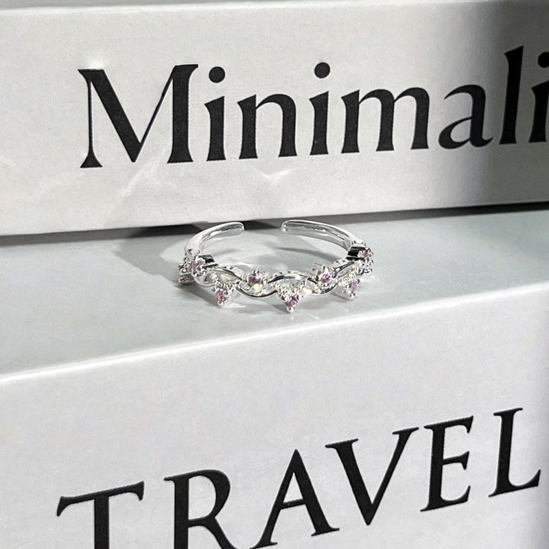 2026 Pink Diamond Twisted Branches Ins Cold Wind Colored Diamond Lace Hollow Personality Opening Ring Female Delicate Stacking Sweet Ring Resizable