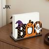 Desktop Holiday Decoration Halloween Wooden BOO Napkin Holder, Cartoon Ghost Pumpkin Witch Hat Paper Towel Ornament Wood Table Centerpiece for
