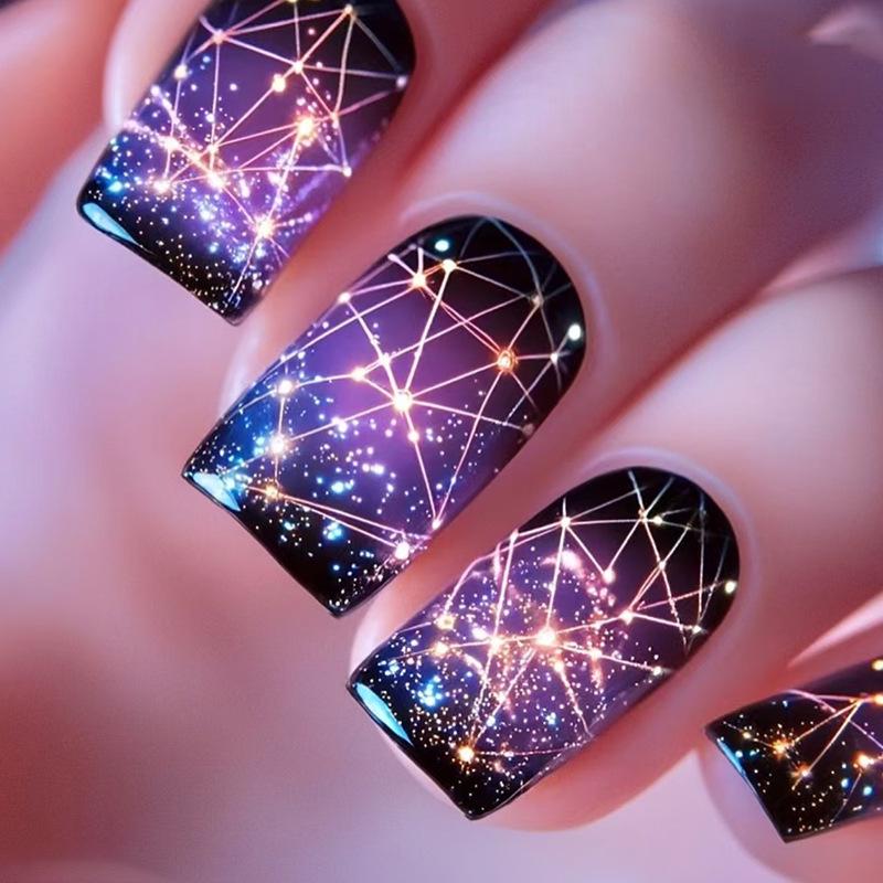 Starry Sky Geometric Nail Art Stickers - Sci-Fi Future Style Manicure with Deep Starry Atmosphere.