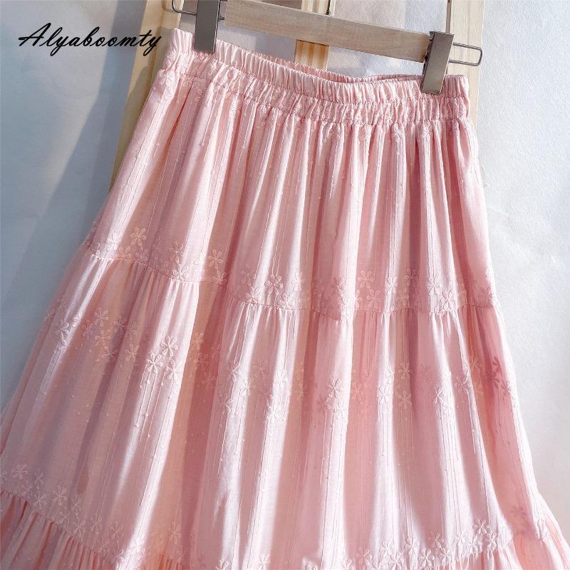 Japanese Mori Girl Pink Midi A-Line Skirt Elastic Waist Floral Embroidery Jacquard Cotton Skirt Sweet Elegant Feminine Ladies' Skirt