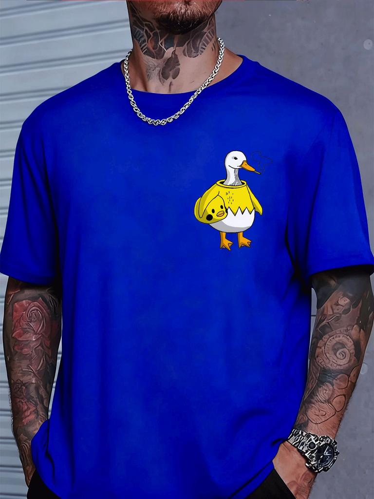 Unisexs Royal Blue Crew Neck Tee Smoking Duck In Egg Shell Cartoon Print Loose Summer Street Casual Daily Basic Short Sleeve Top