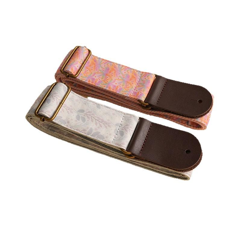 Coconut Tree Pattern Guitar Strap with Bronze Buckle - Pink Shadow & Grey Vine Design