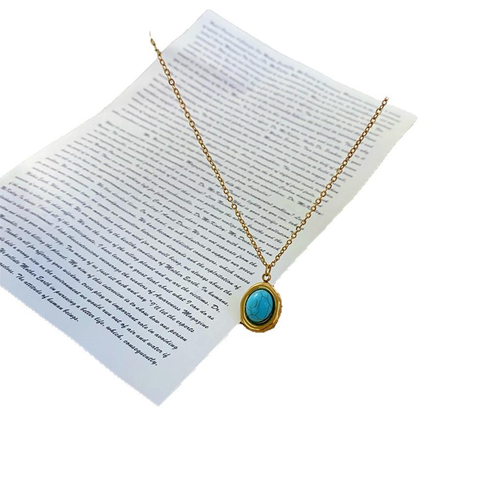 Retro Gold Titanium Steel Turquoise Geometric Necklace - Women's Color-Preserving Clavicle Chain Pendant