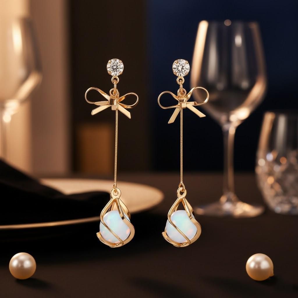 

1 Pair Simple Versatile Small Fresh Bow Cat Eye Tassel Earrings Hipster Long Temperament Women Jewelry Accessories золотой