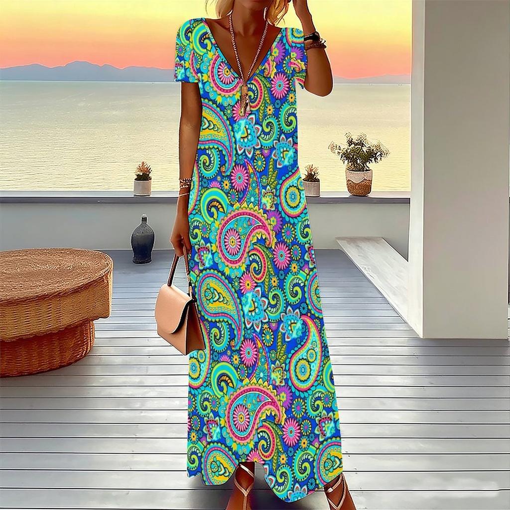 Women Plus Size V Neck Short Sleeve Maxi Dress Retro Paisley Print Loose Fit Summer Beach Long Dress