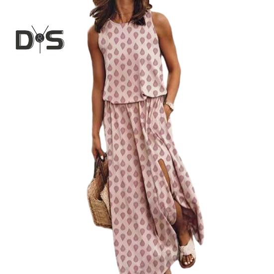 

Женское платье макси без рукавов, повседневное, с круглым вырезом, эластичной талией, разрезом, длинное платье с карманом, летний пляжный сарафан для отдыха XL розовый