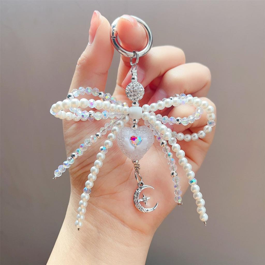 Bowknot Heart Pendant Keychain Beaded Phone Charm Handmade Bows Phone Lanyard Car Keyring Jewelry for Wallet Handbag